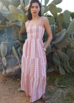 Threadbare Pink Check Shirred Guaze Tiered Midi Dress