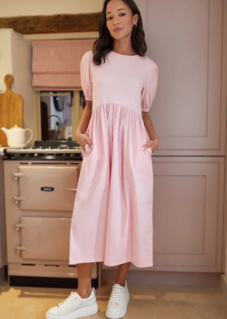 Threadbare Pink Puff Sleeve Jersey Poplin Maxi Dress