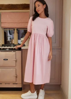 Threadbare Pink Puff Sleeve Jersey Poplin Maxi Dress