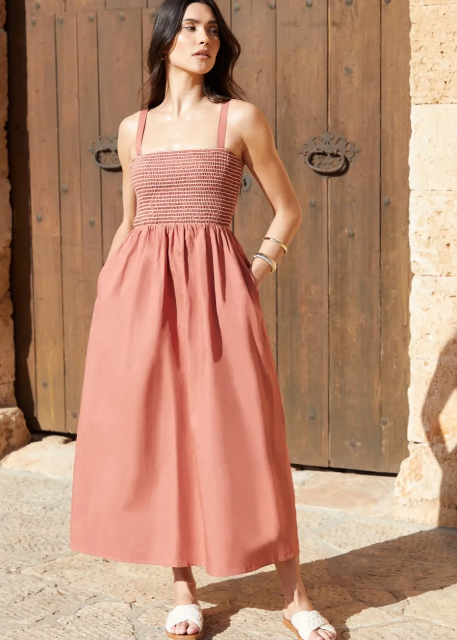 Threadbare Pink Shirred Midaxi Dress