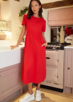 Threadbare Red Cotton Jersey Smock-Style Midi Dress With Pockets