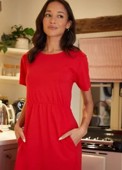 Threadbare Red Cotton Jersey Smock-Style Midi Dress With Pockets