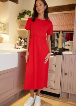 Threadbare Red Cotton Jersey Smock-Style Midi Dress With Pockets
