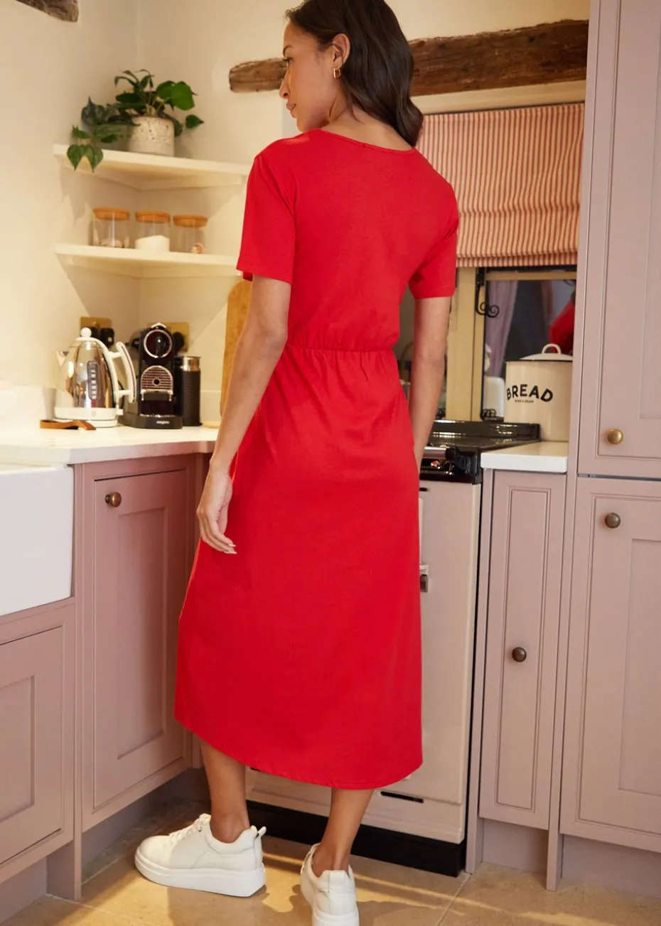 Threadbare Red Cotton Jersey Smock-Style Midi Dress With Pockets