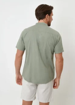 Threadbare Soft Green Grandad Collar Linen Blend Short Sleeve Shirt