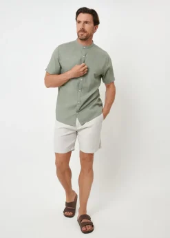 Threadbare Soft Green Grandad Collar Linen Blend Short Sleeve Shirt