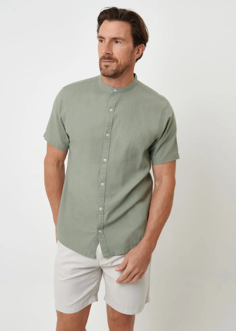 Threadbare Soft Green Grandad Collar Linen Blend Short Sleeve Shirt