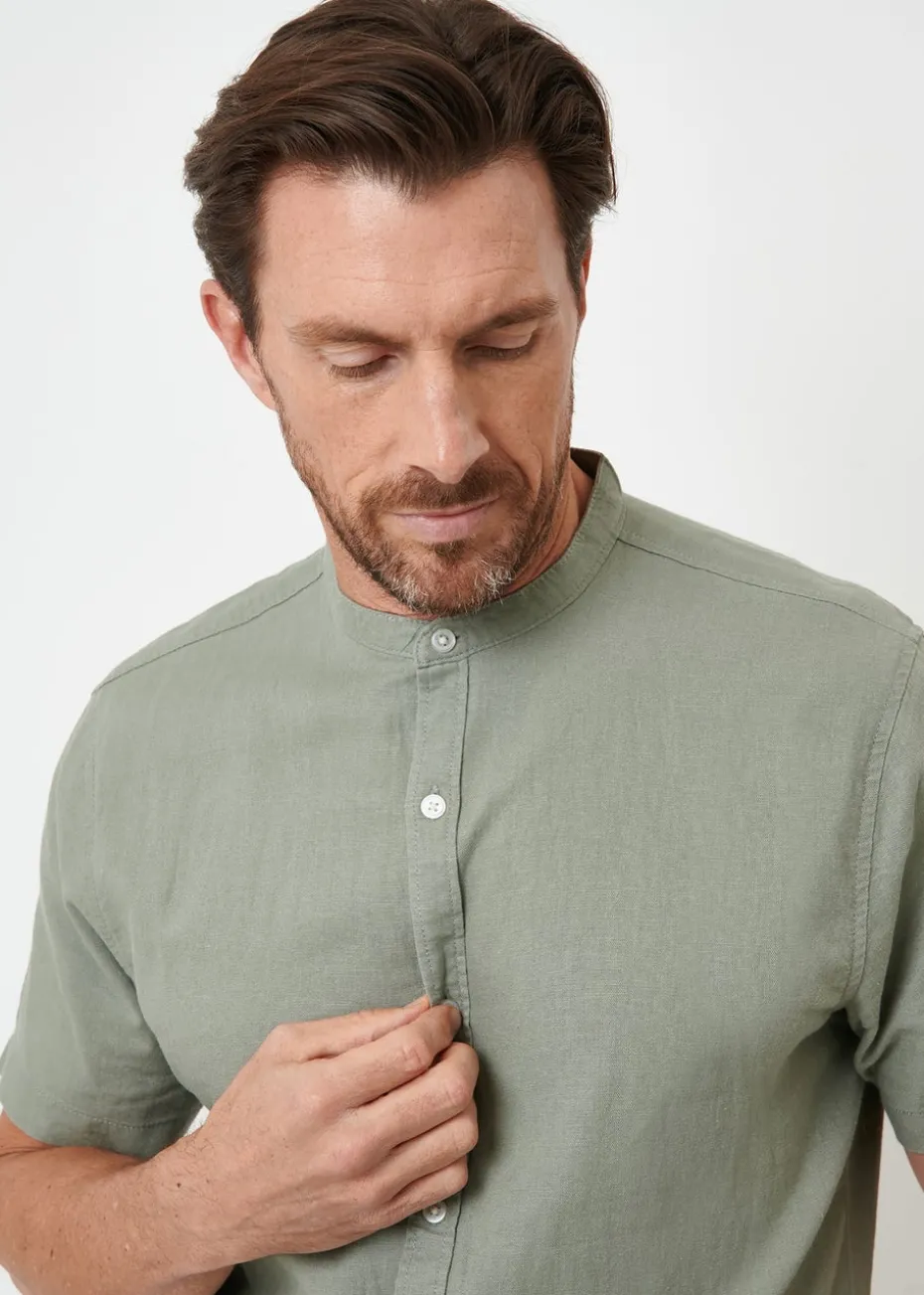 Threadbare Soft Green Grandad Collar Linen Blend Short Sleeve Shirt