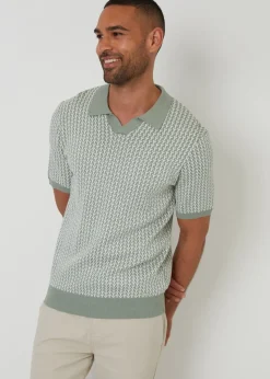 Threadbare Soft Green Jacquard Geo Trophy Neck Knitted Polo