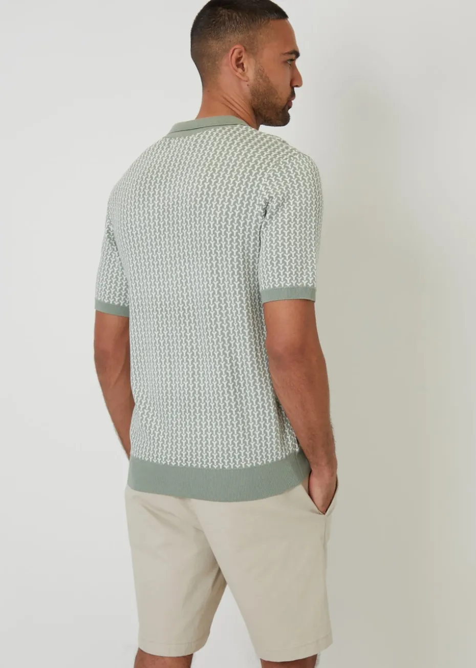 Threadbare Soft Green Jacquard Geo Trophy Neck Knitted Polo