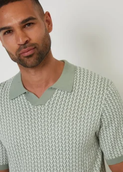 Threadbare Soft Green Jacquard Geo Trophy Neck Knitted Polo