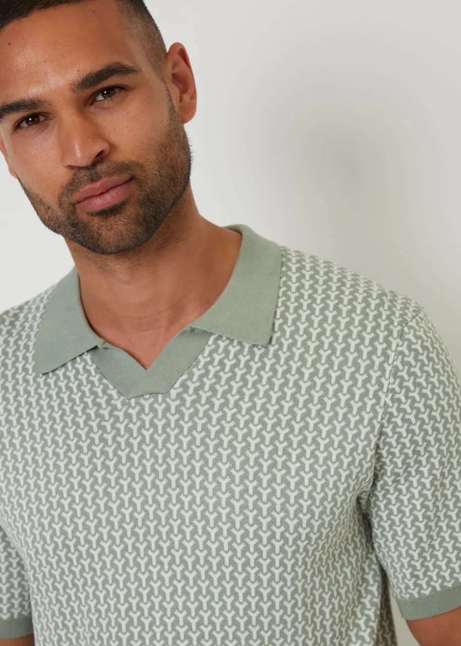 Threadbare Soft Green Jacquard Geo Trophy Neck Knitted Polo