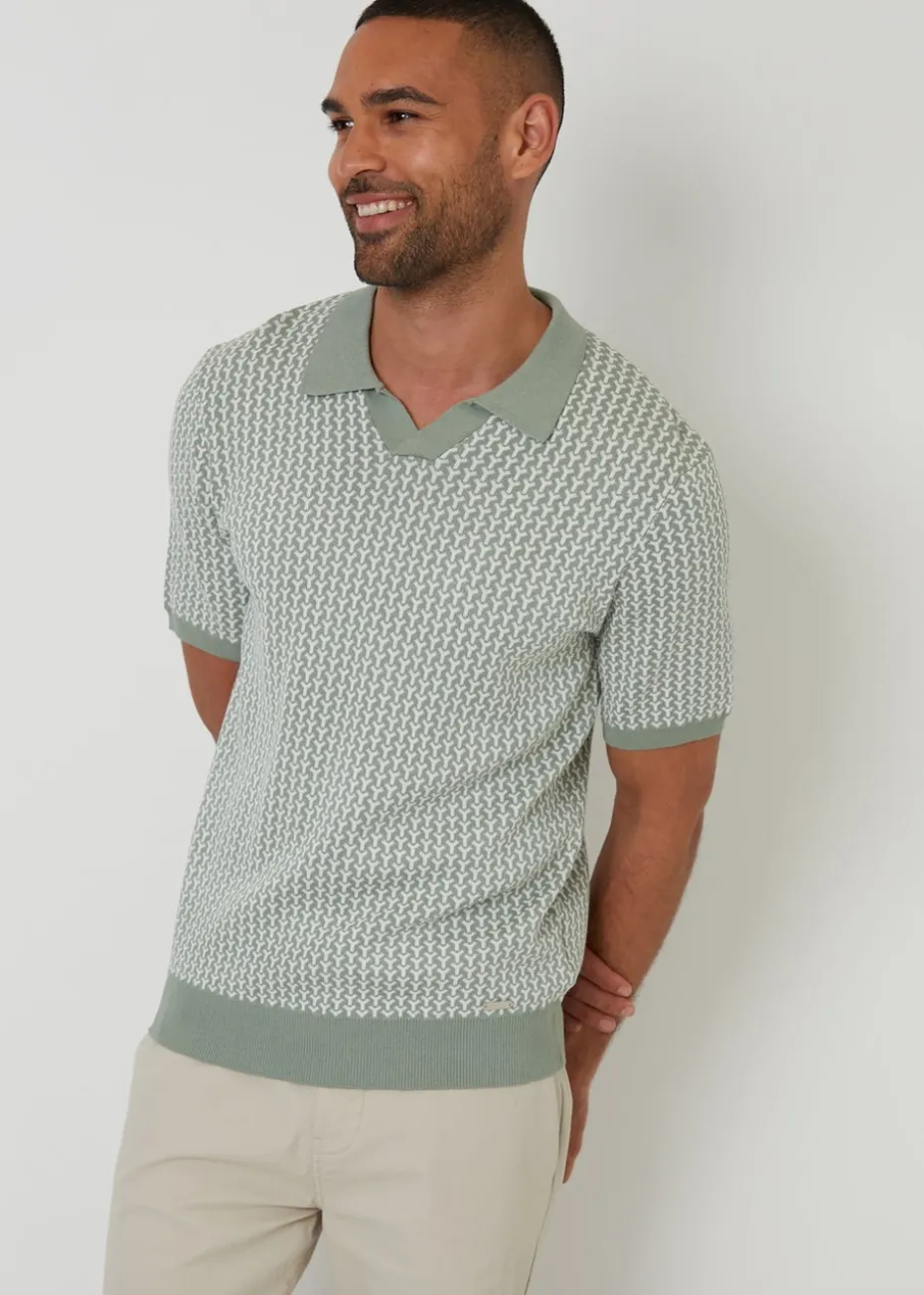 Threadbare Soft Green Jacquard Geo Trophy Neck Knitted Polo