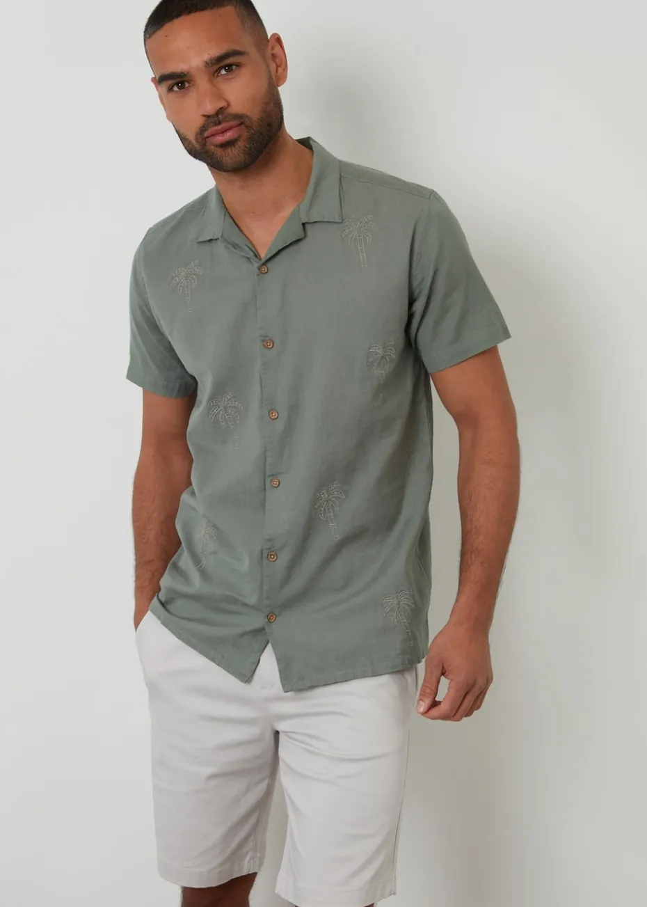 Threadbare Soft Green Linen Blend Palm Embroidered Short Sleeve Shirt