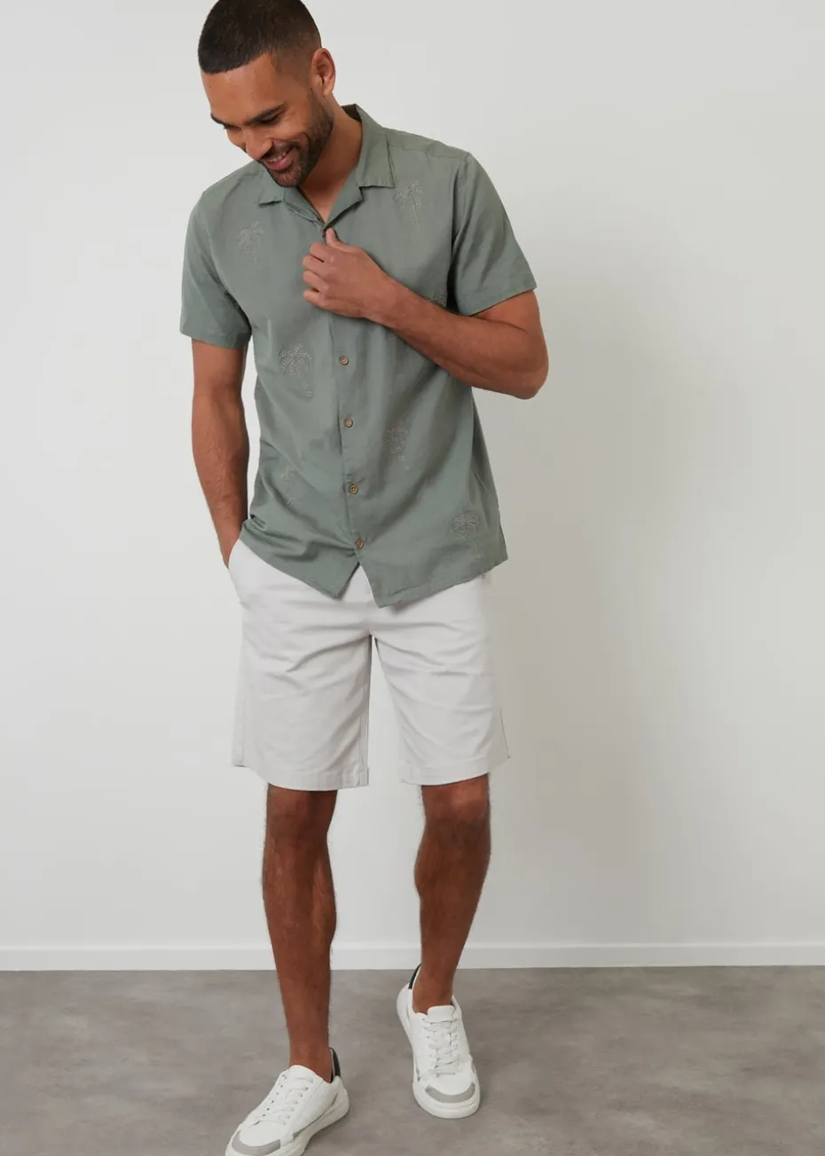 Threadbare Soft Green Linen Blend Palm Embroidered Short Sleeve Shirt