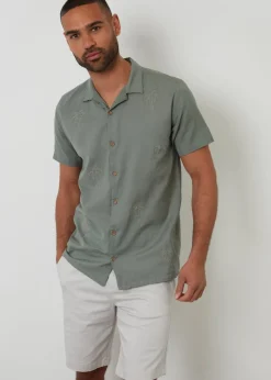Threadbare Soft Green Linen Blend Palm Embroidered Short Sleeve Shirt