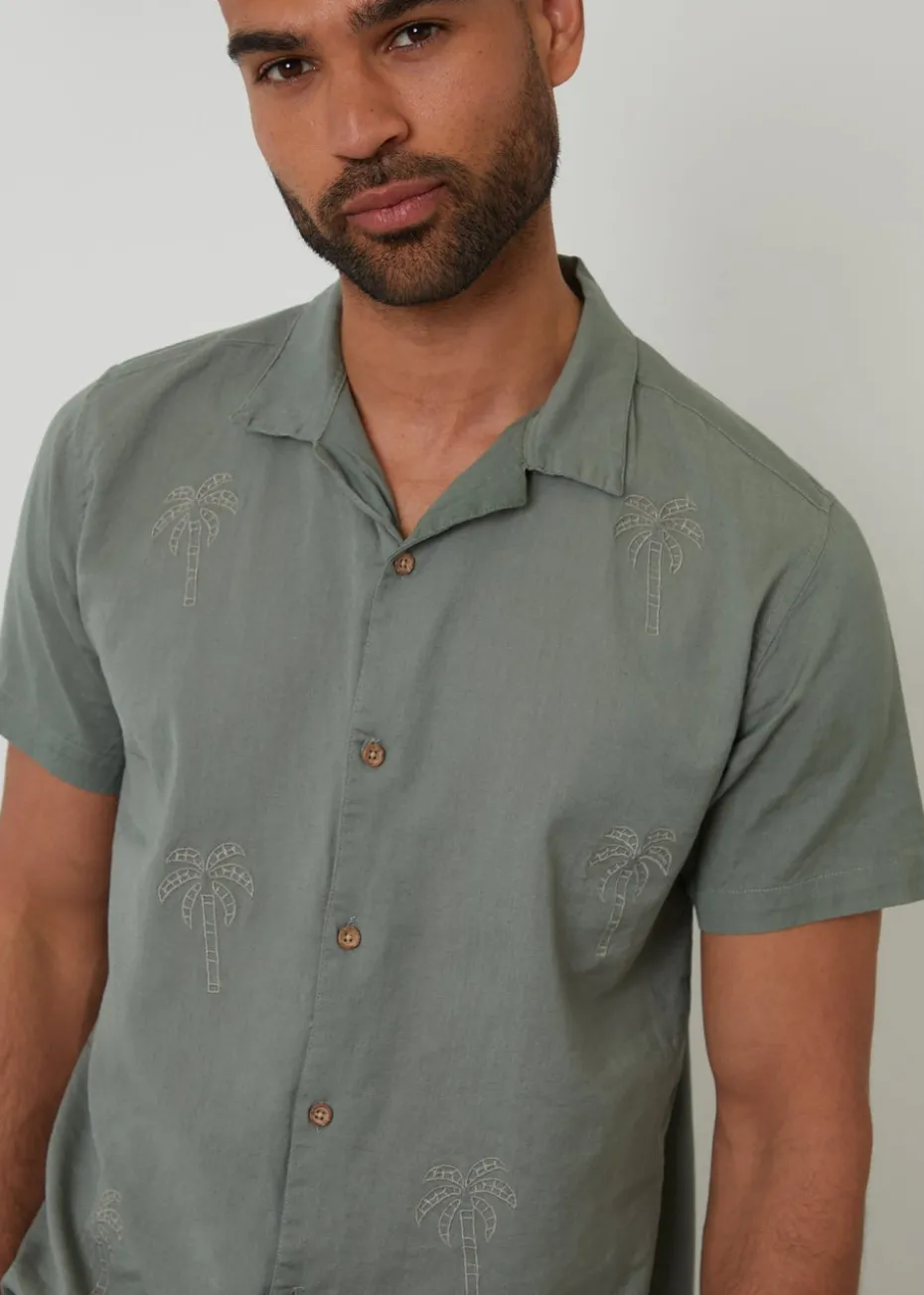 Threadbare Soft Green Linen Blend Palm Embroidered Short Sleeve Shirt