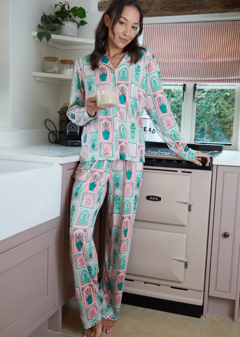 Threadbare Soft Green Printed Long Button Through Pyjama Set