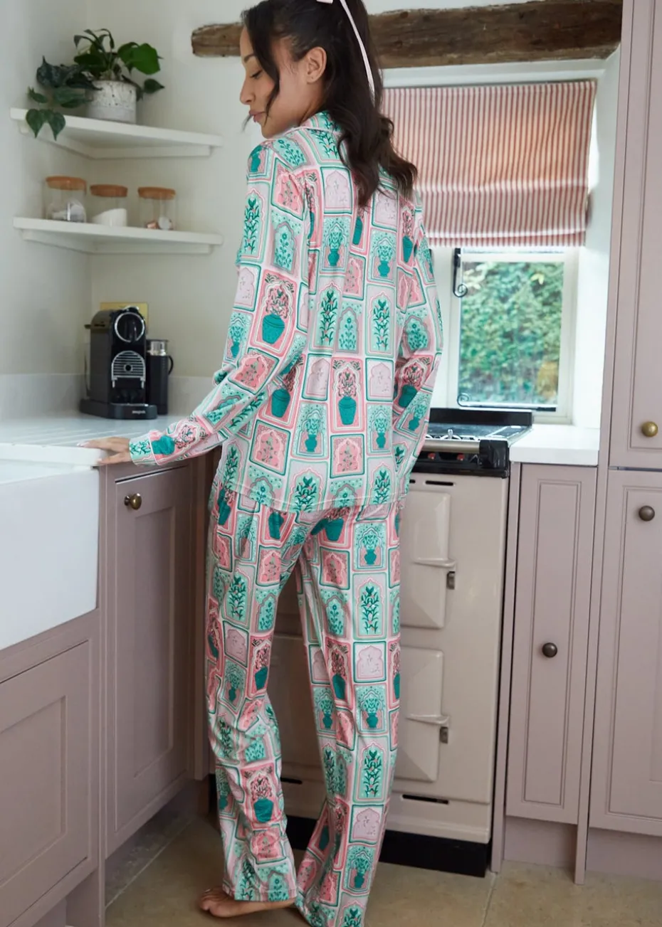 Threadbare Soft Green Printed Long Button Through Pyjama Set