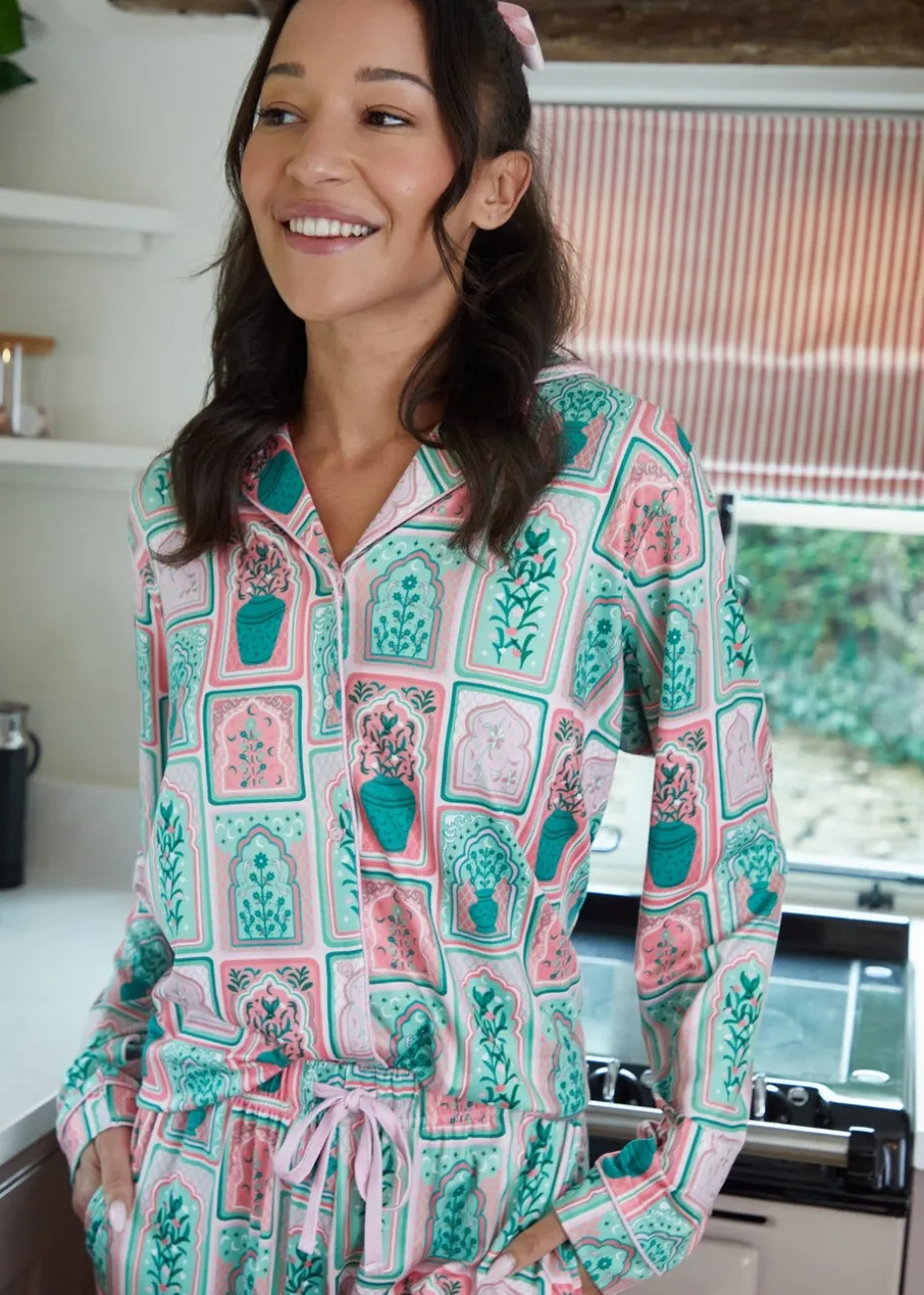 Threadbare Soft Green Printed Long Button Through Pyjama Set