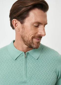Threadbare Soft Green Textured Front Quarter Zip Knitted Polo