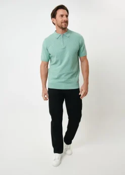 Threadbare Soft Green Textured Front Quarter Zip Knitted Polo
