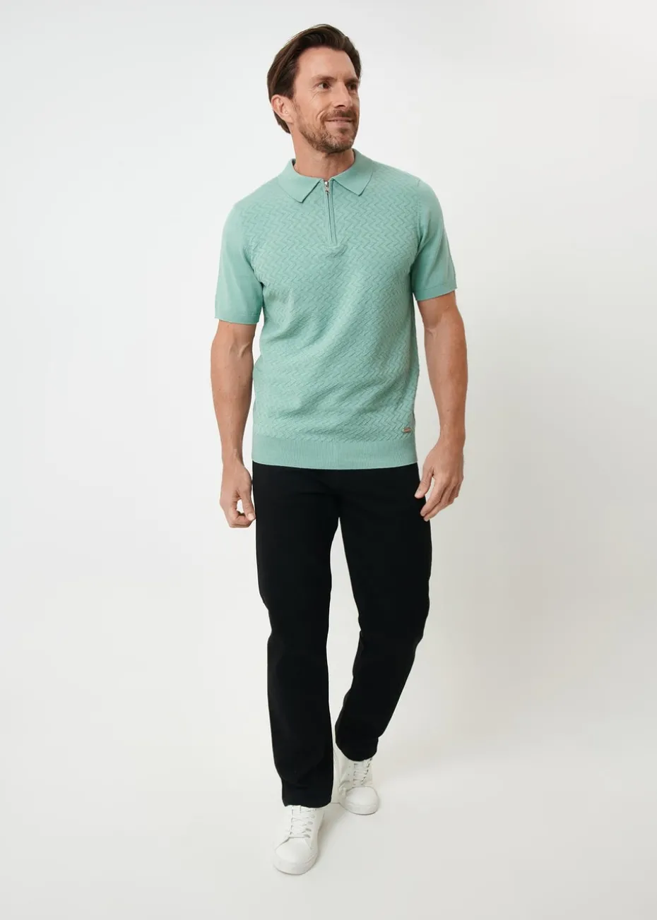 Threadbare Soft Green Textured Front Quarter Zip Knitted Polo