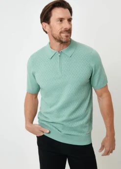 Threadbare Soft Green Textured Front Quarter Zip Knitted Polo