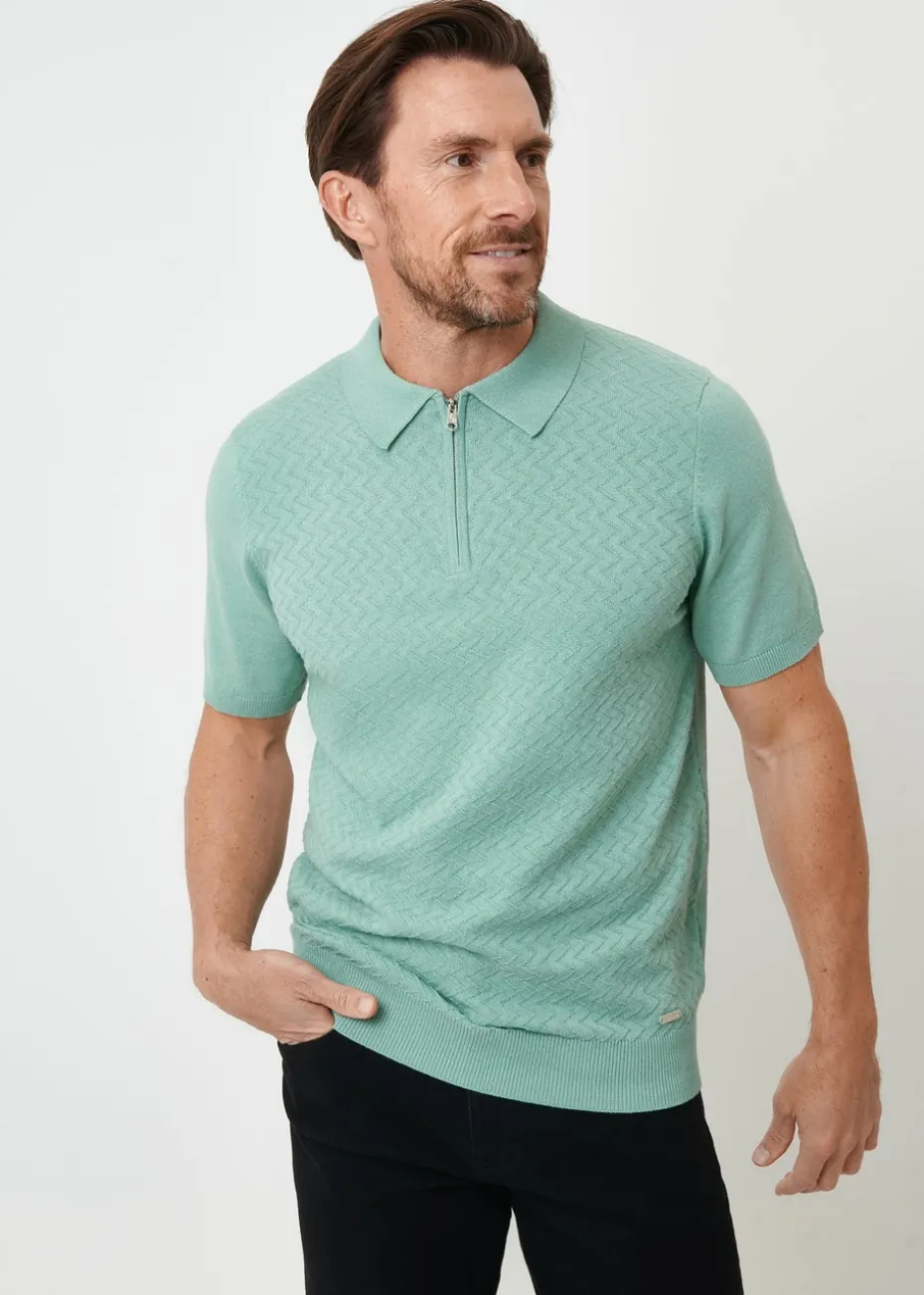 Threadbare Soft Green Textured Front Quarter Zip Knitted Polo