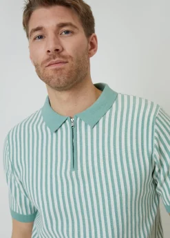 Threadbare Soft Green Textured Quarter Zip Striped Knitted Polo Shirt