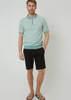 Threadbare Soft Green Textured Quarter Zip Striped Knitted Polo Shirt
