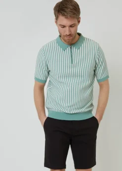 Threadbare Soft Green Textured Quarter Zip Striped Knitted Polo Shirt