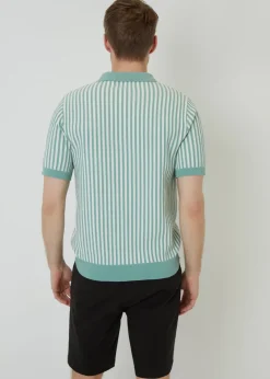 Threadbare Soft Green Textured Quarter Zip Striped Knitted Polo Shirt