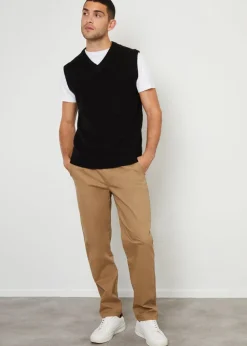 Threadbare Stone Cotton Straight Leg Pleated Chino Trousers With Stretch