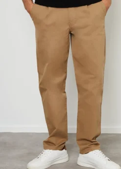 Threadbare Stone Cotton Straight Leg Pleated Chino Trousers With Stretch