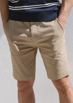 Threadbare Stone Cotton Turn-Up Chino Shorts with Woven Belt