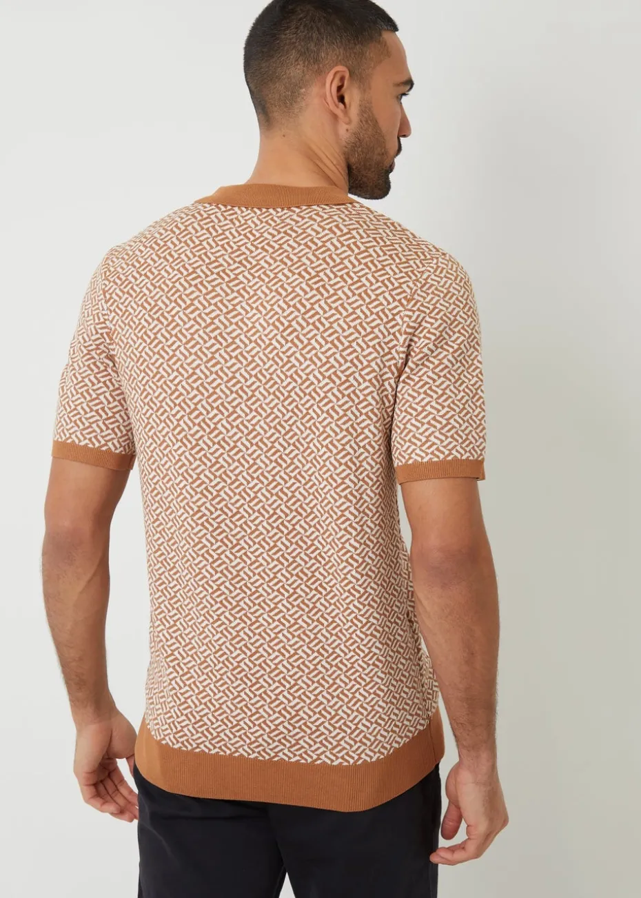 Threadbare Stone Jacquard Geo Trophy Neck Knitted Polo