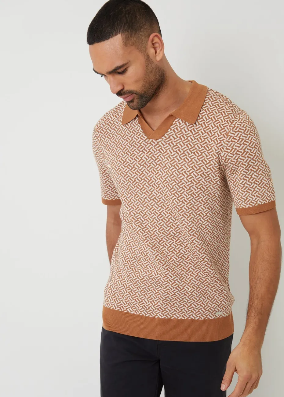 Threadbare Stone Jacquard Geo Trophy Neck Knitted Polo