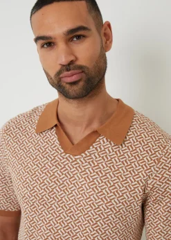 Threadbare Stone Jacquard Geo Trophy Neck Knitted Polo