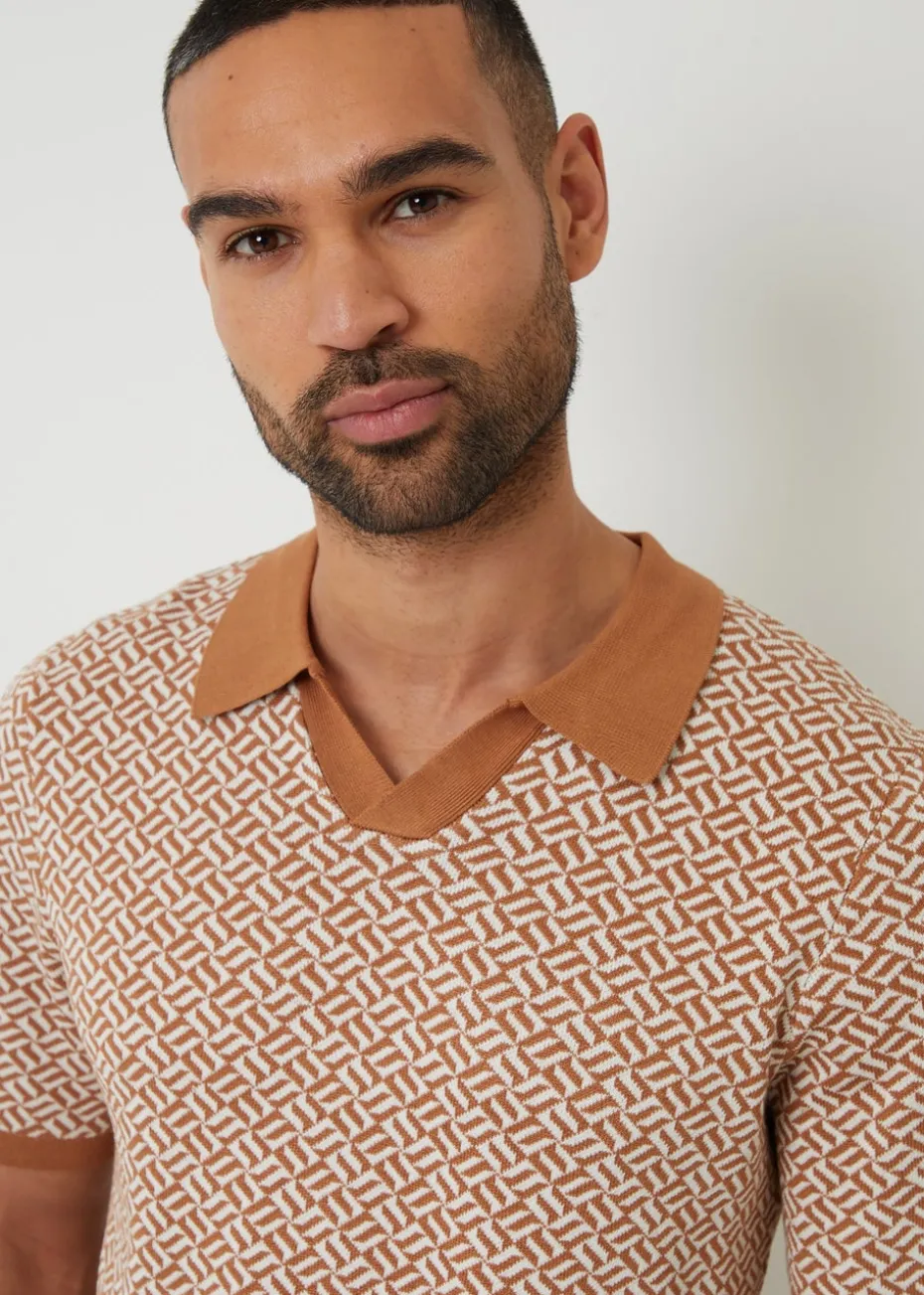 Threadbare Stone Jacquard Geo Trophy Neck Knitted Polo