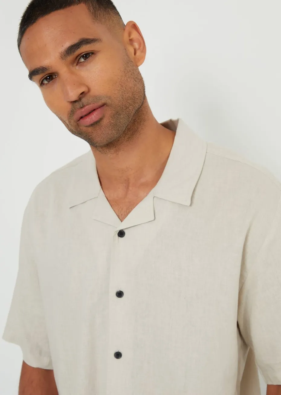 Threadbare Stone Kylian Linen Blend Revere Collar Short Sleeve Shirt