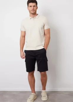 Threadbare Stone Ottoman Rib Textured Cotton Polo Shirt