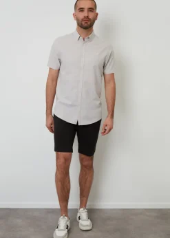 Threadbare Stone Oxford Cotton Slim Fit Short Sleeve Shirt