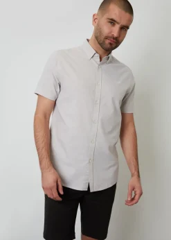 Threadbare Stone Oxford Cotton Slim Fit Short Sleeve Shirt