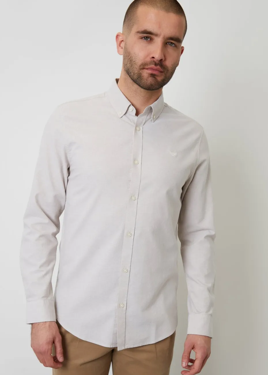 Threadbare Stone Oxford Cotton Slim Fit Long Sleeve Shirt