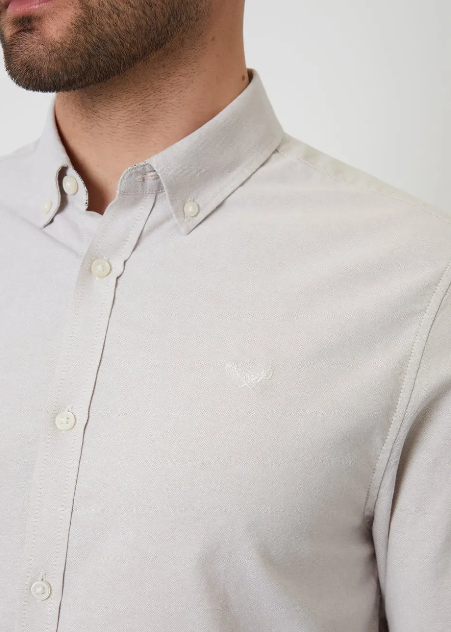 Threadbare Stone Oxford Cotton Slim Fit Long Sleeve Shirt
