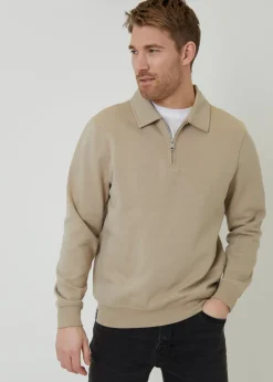 Threadbare Stone Quarter Zip Collared Sweatshirt