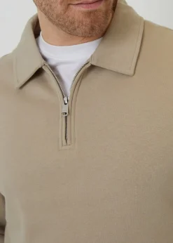 Threadbare Stone Quarter Zip Collared Sweatshirt