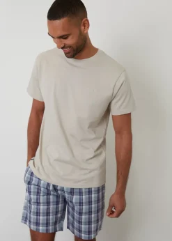 Threadbare Stone Short Sleeve Check Pyjama Set