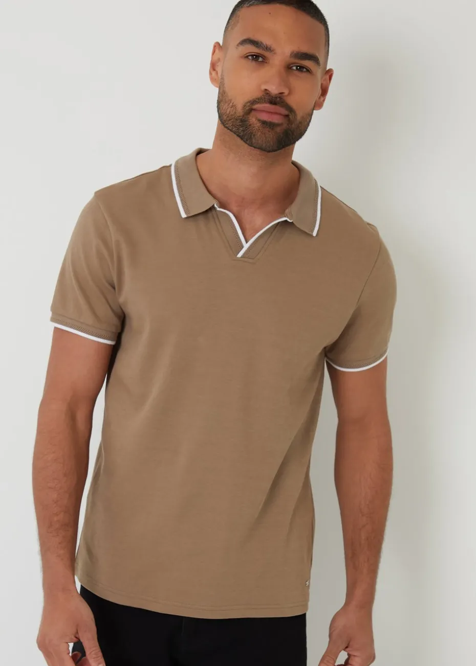 Threadbare Taupe Cotton Trophy Neck Polo Shirt